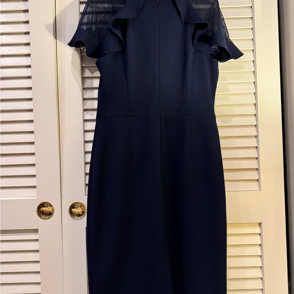 Eliza J Navy Midi Dress with Sheer Ruffle Sleeves